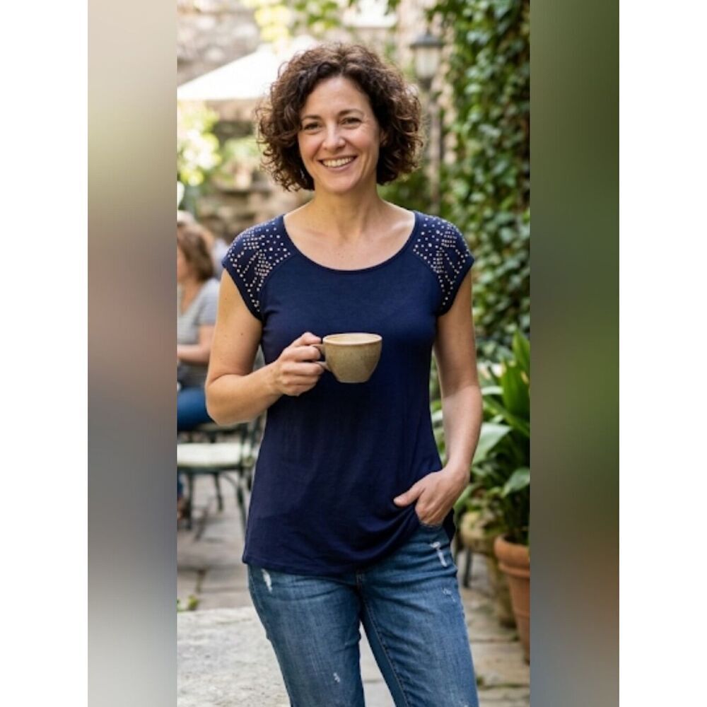 Philosophy Top Sz S Navy Studded Sleeves